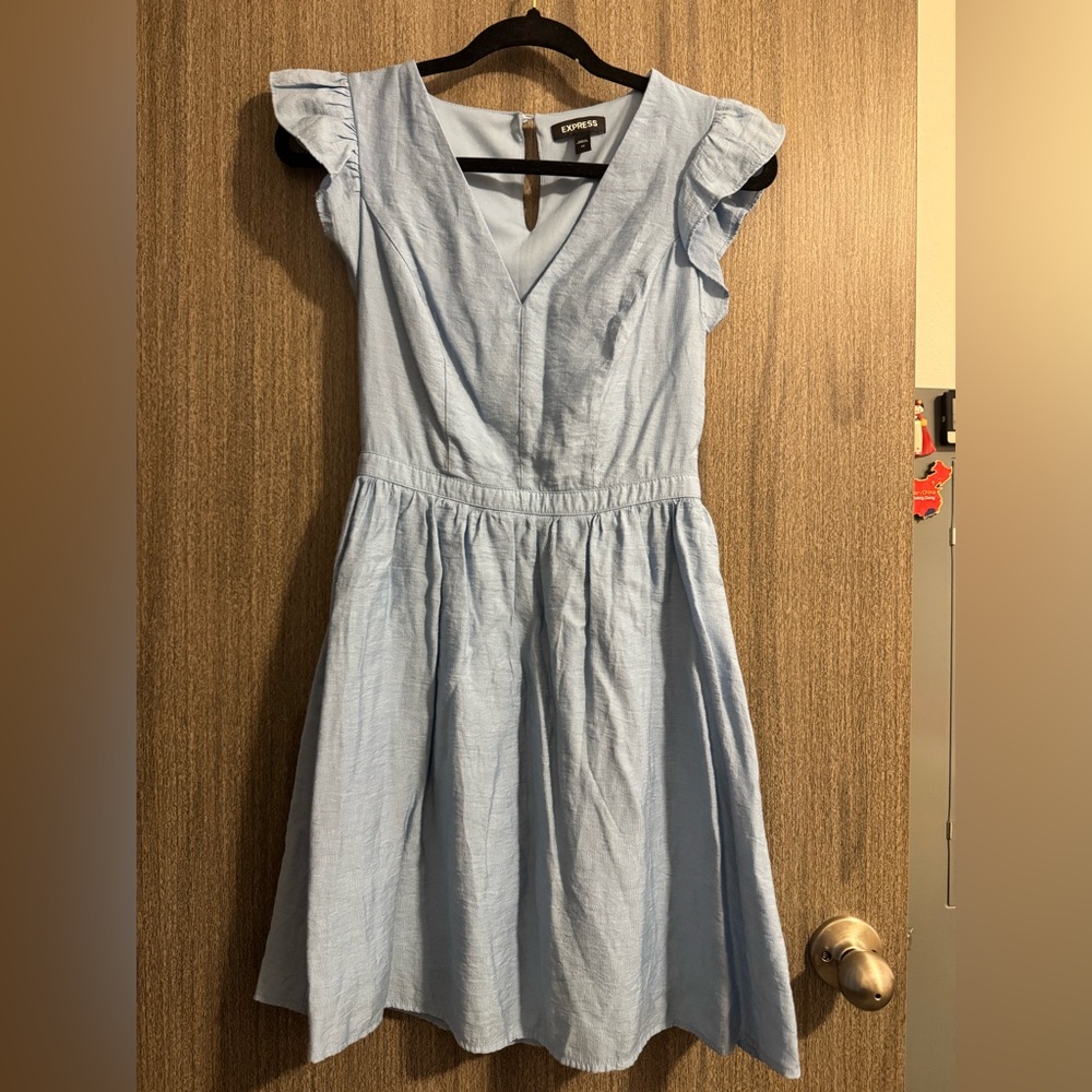 Express Light Blue V-Neck Mini Dress with Flutter Sleeves